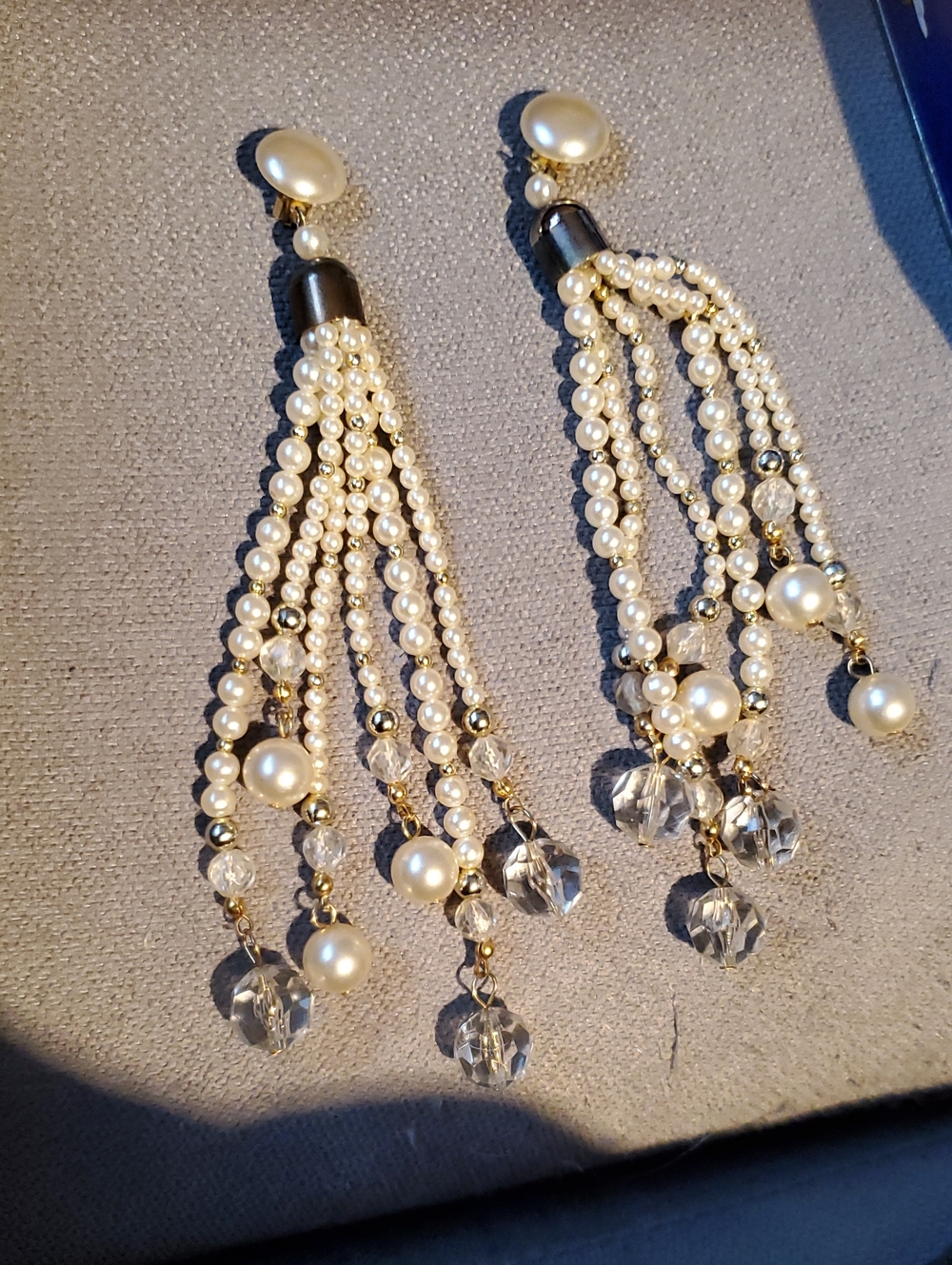 Pearl and Crystal Tassel Drop Earrings - Gold Tone